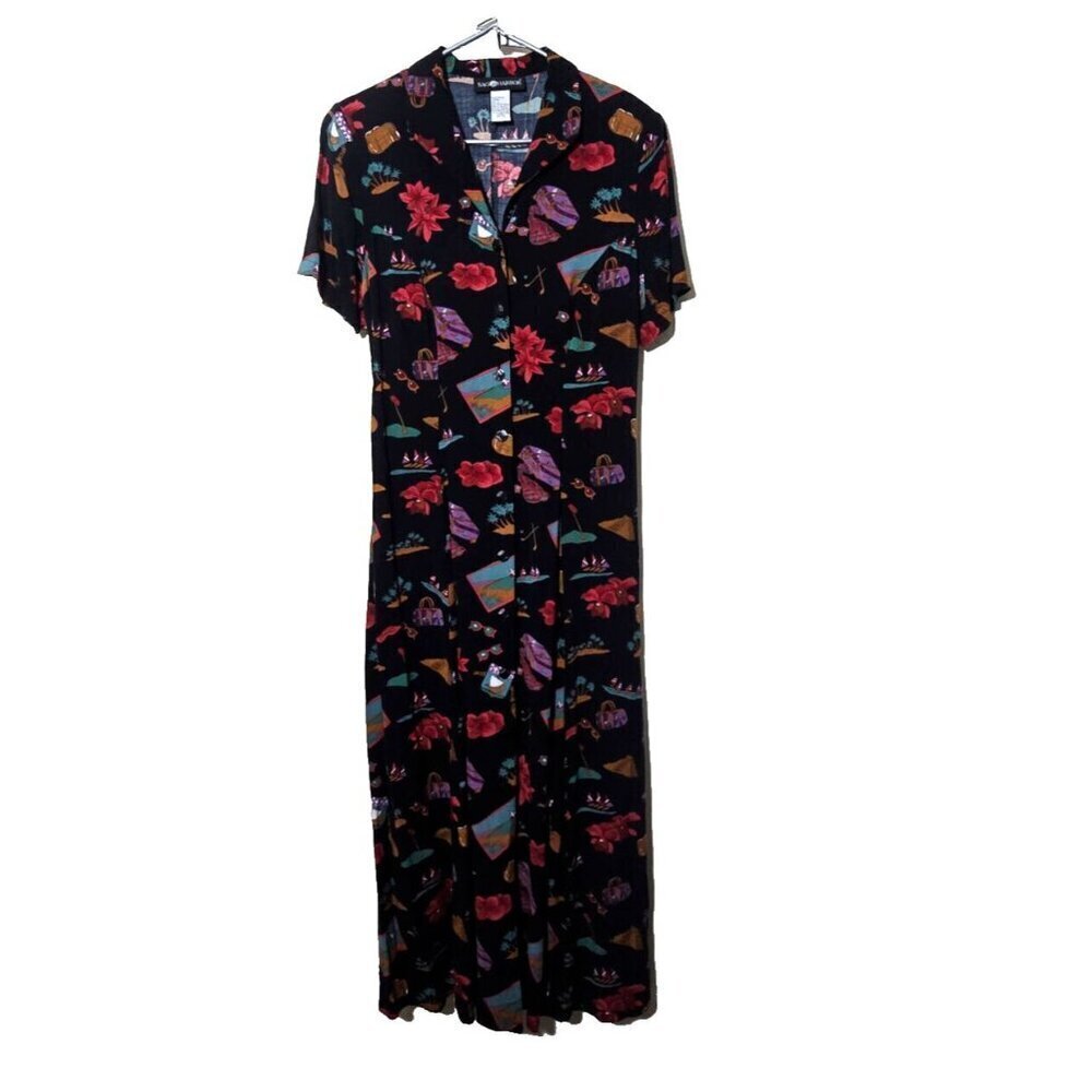 Vintage Sag Harbor Maxi Dress 12 Button Coastal Vacation Tropical Slit 90s Style